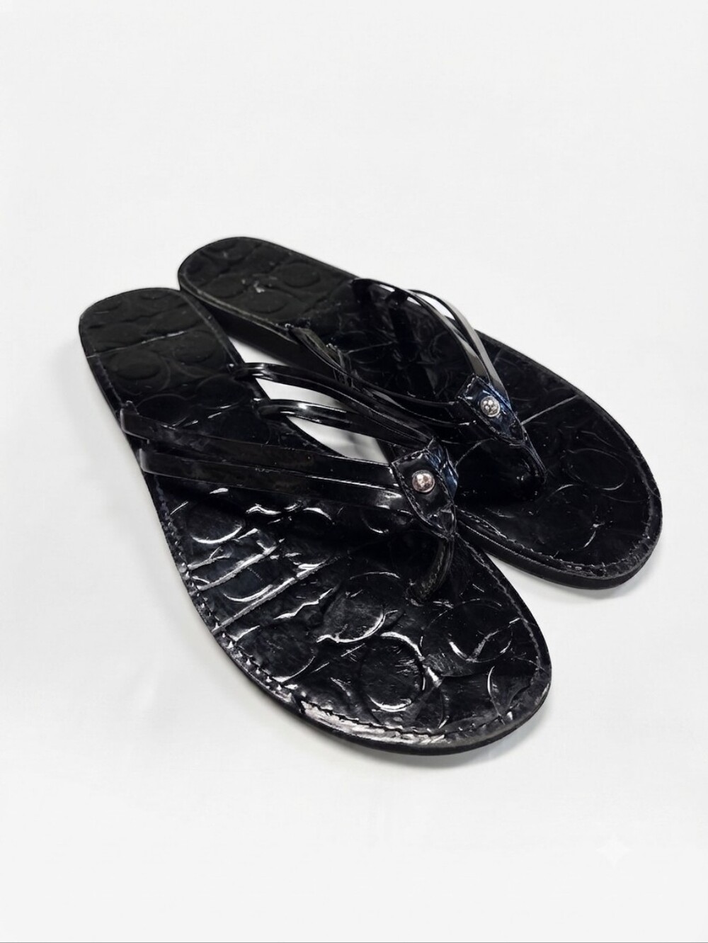 Coach Black Signature Patent Leather Thong Sandals Flip Flops Women's Size 8 - 8